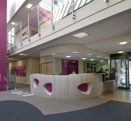 Stainless steel and glass mezzanine balustrade overlooking a school reception with a curved timber desk